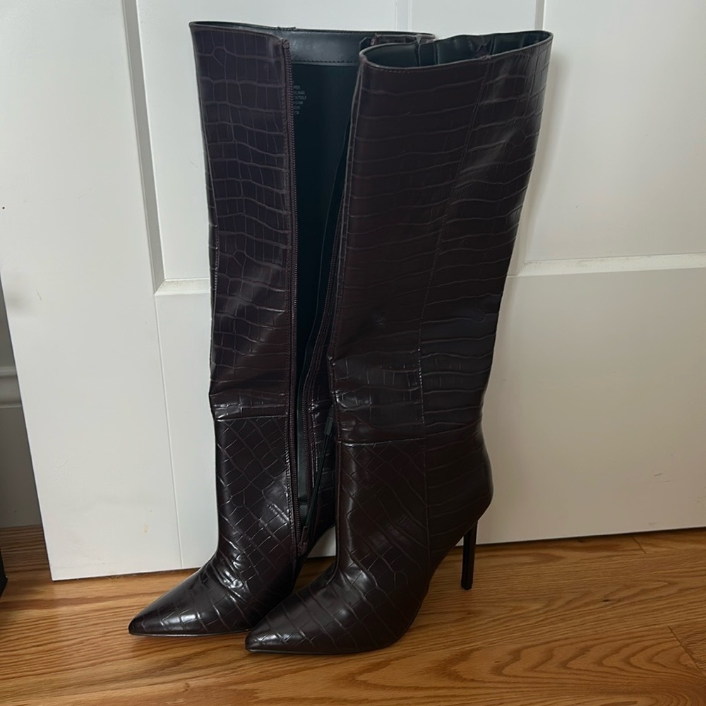 Express Dark Brown/deep purple Croc-Embossed Heeled Boots